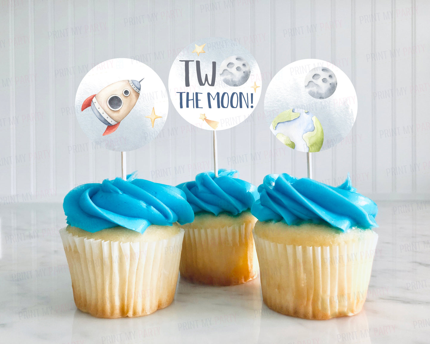 Two The Moon Cupcake Toppers | Space Themed 2nd Birthday Party Decorations - 39B