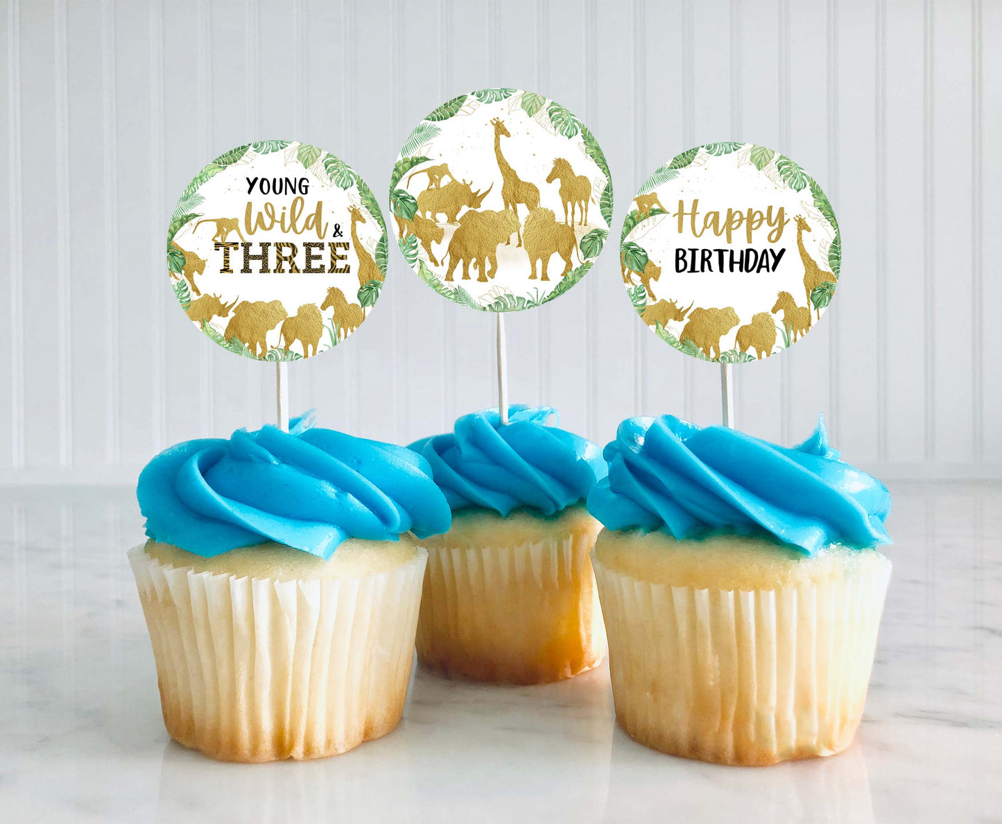 Safari Young wild & three Cupcake Toppers | Jungle Themed Birthday Cupcake Picks - 35K