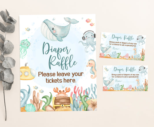 Under The Sea Diaper Raffle Sign and Ticket Card | Ocean Baby Shower Game Printable - 44A