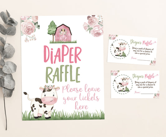 Cow Diaper Raffle Sign and Ticket Card | Girl Barnyard Baby Shower Game Printable - 11A