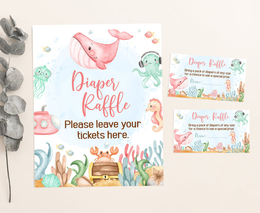 Girl Under The Sea Diaper Raffle Sign and Ticket Card | Ocean Baby Shower Game Printable - 44A