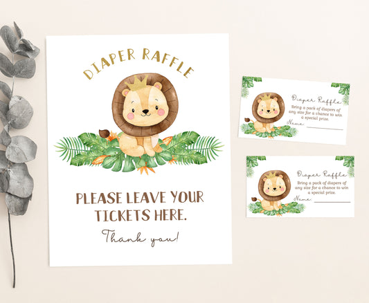 Lion Diaper Raffle Sign and Tickets | Safari Animals Baby Shower Game - 35E