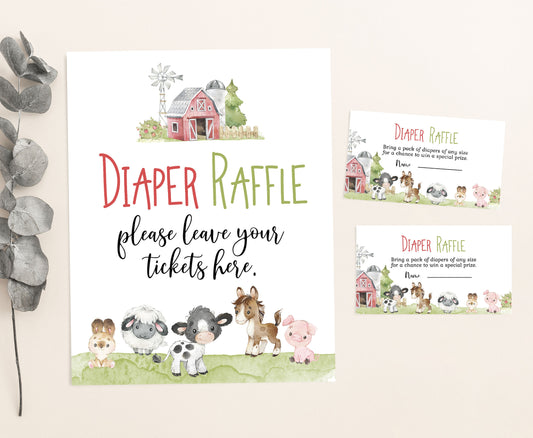 Farm Diaper Raffle Sign and Ticket Card | Barnyard Baby Shower Game Printable - 11C1