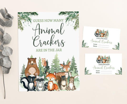 Guess How Many Animal Crackers Sign and Cards | Woodland Party Game - 47J2