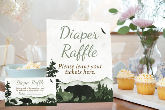 Forest Bear Diaper Raffle Sign and Ticket Card | Woodland Baby Shower Printables - 47C