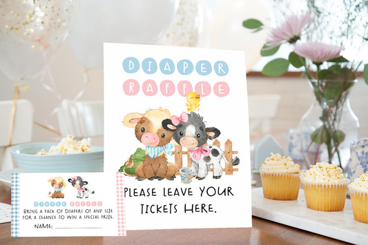 Farm Diaper Raffle Sign and Ticket Card | Barnyard Gender Reveal - Baby Shower Game Printable - 11C3