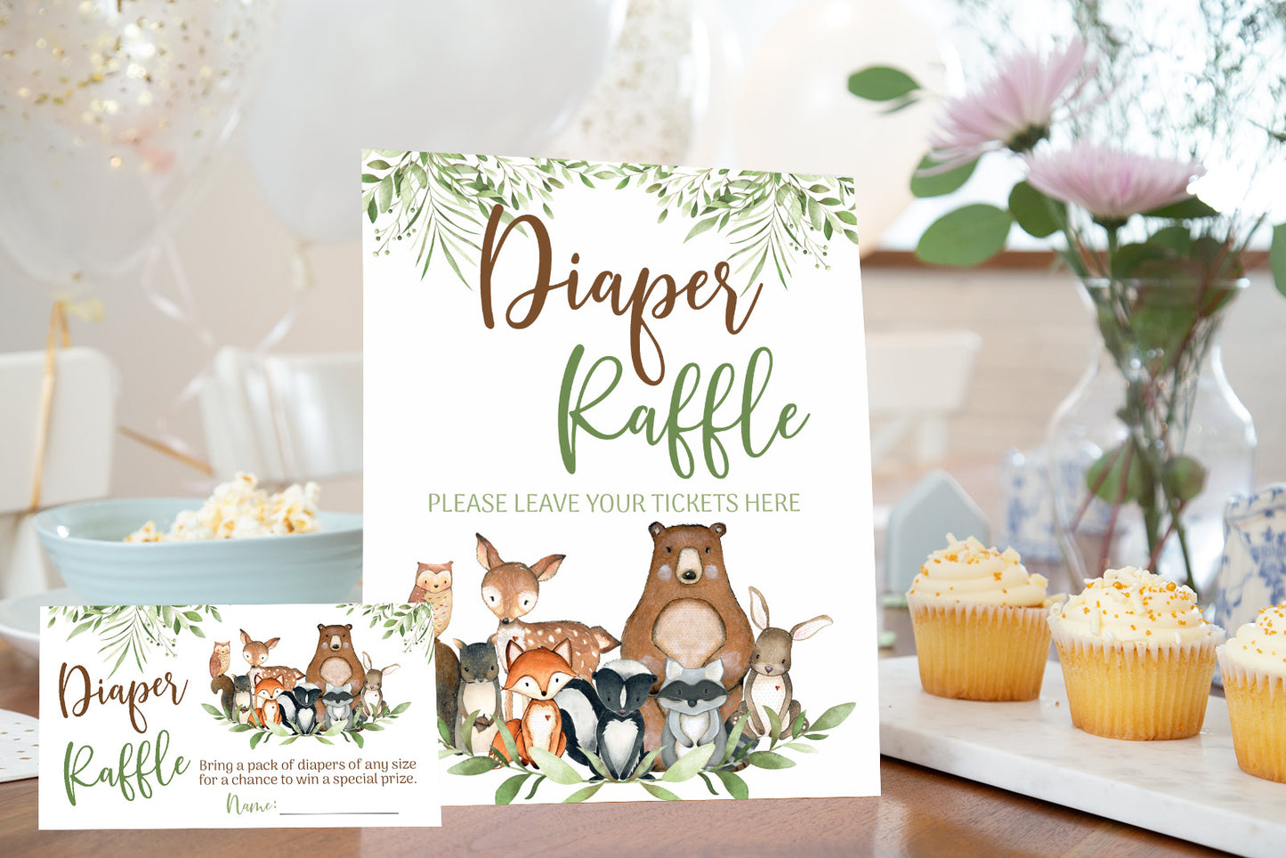 Woodland Diaper Raffle Sign and Ticket Card | Forest Animals Baby Shower Game Printable - 47J0