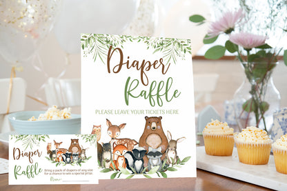 Woodland Diaper Raffle Sign and Ticket Card | Forest Animals Baby Shower Game Printable - 47J0