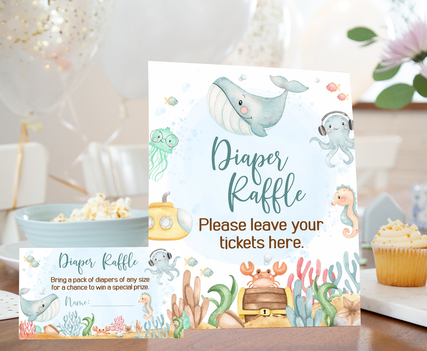 Under The Sea Diaper Raffle Sign and Ticket Card | Ocean Baby Shower Game Printable - 44A