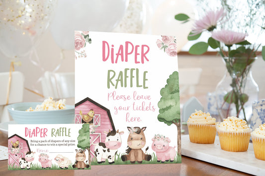 Girl Farm Diaper Raffle Sign and Ticket Card | Barnyard Baby Shower Game Printable - 11A