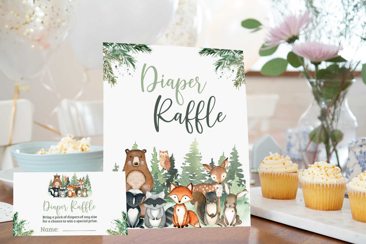 Woodland Diaper Raffle Sign and Tickets | Forest Animals Baby Shower Game - 47J2