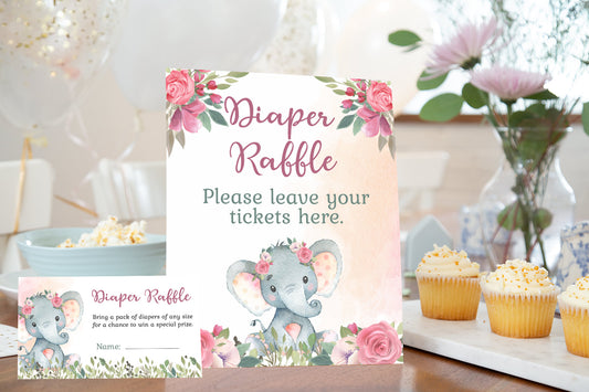 Girl Elephant Diaper Raffle Sign and Ticket Card | Elephant Baby Shower Game Printable - 63A