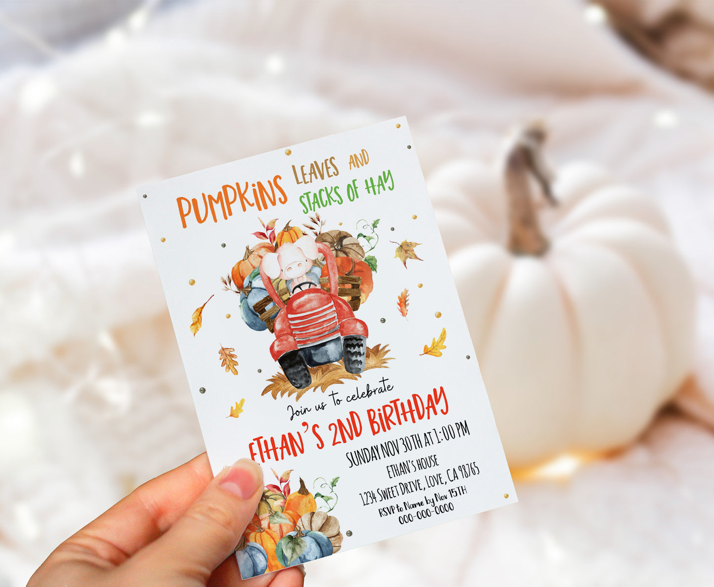 Pumpkins leaves and stacks of hay Invitation | Editable Pumpkin Truck Invite - 30L