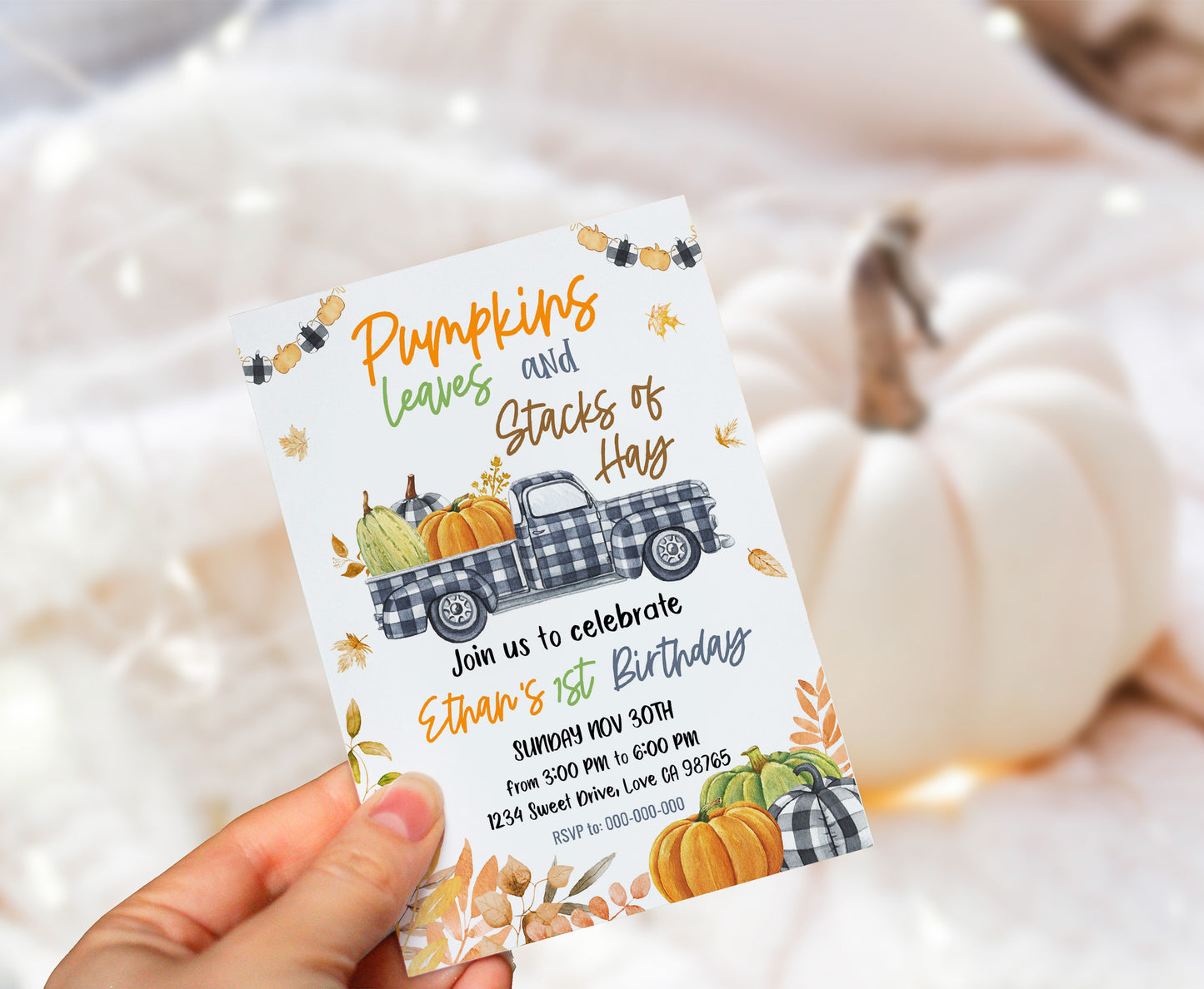 Pumpkin Truck Invitation | Editable Pumpkin Birthday Party - 30K