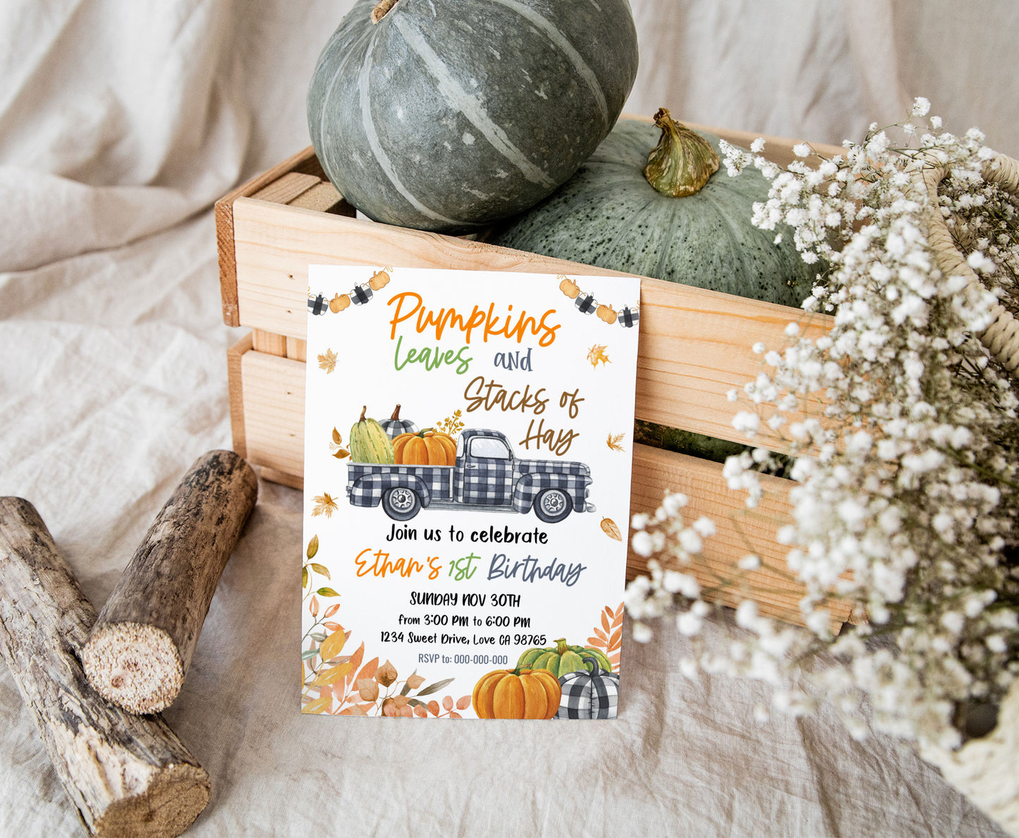 Pumpkin Truck Invitation | Editable Pumpkin Birthday Party - 30K