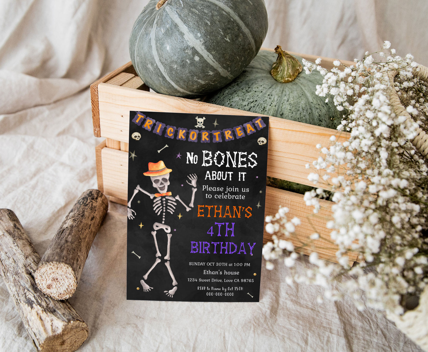 Skeleton Party Invitaton | Halloween Birthday Party Invite - 115P