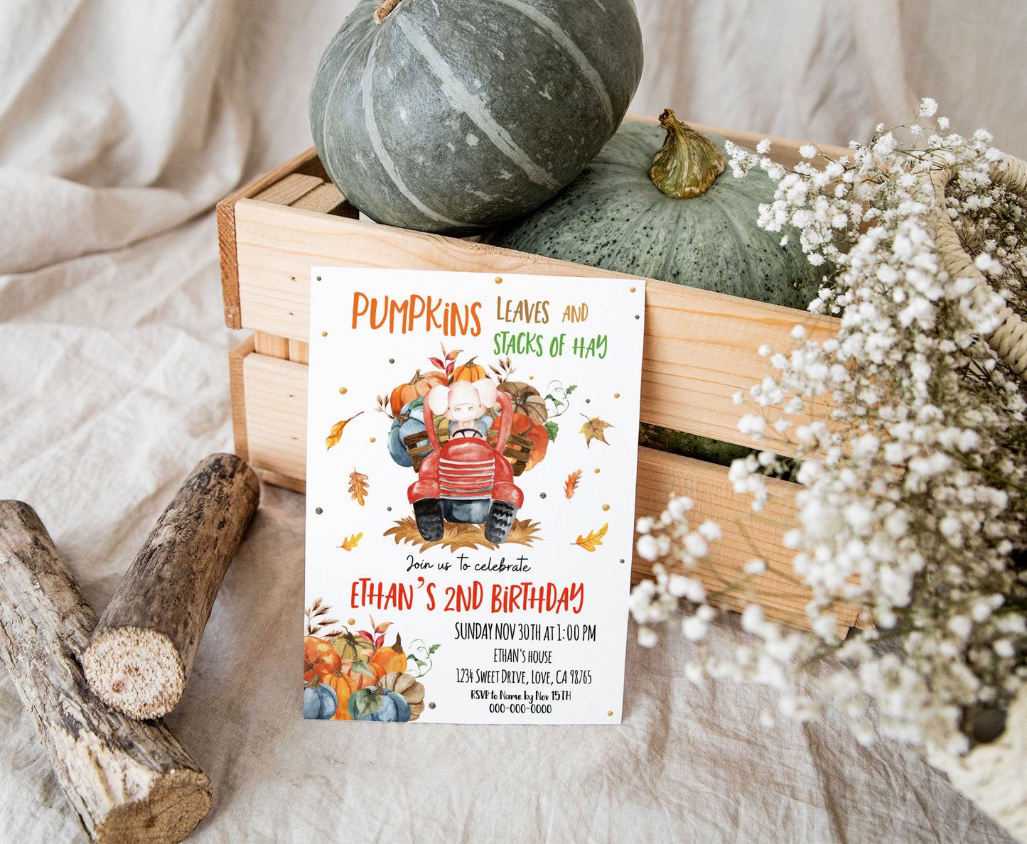 Pumpkins leaves and stacks of hay Invitation | Editable Pumpkin Truck Invite - 30L