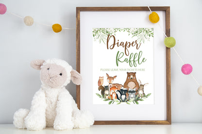 Woodland Diaper Raffle Sign and Ticket Card | Forest Animals Baby Shower Game Printable - 47J0