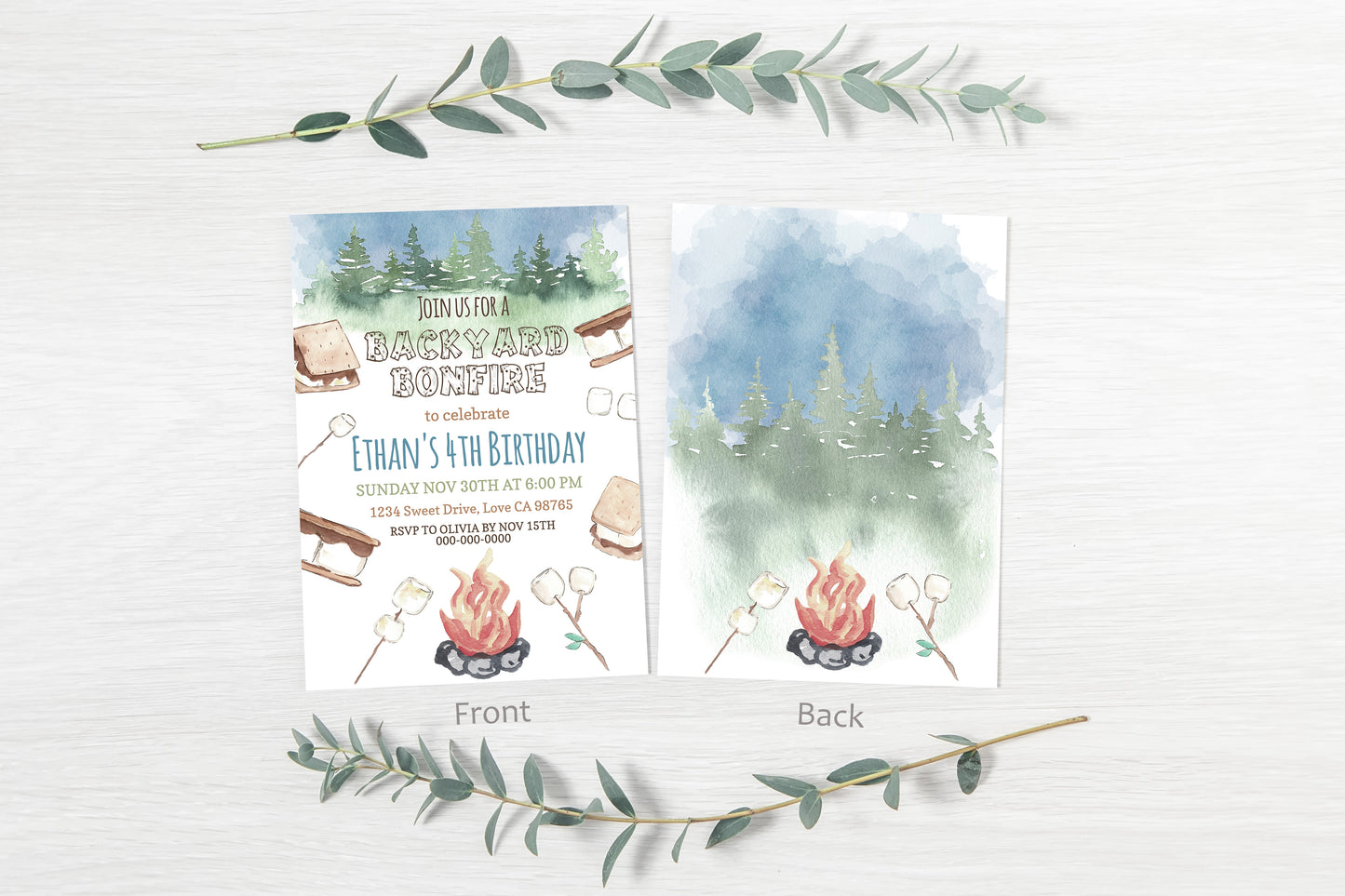 Backyard Bonfire Invitation | Editable Camping Birthday Party Invite - 04A