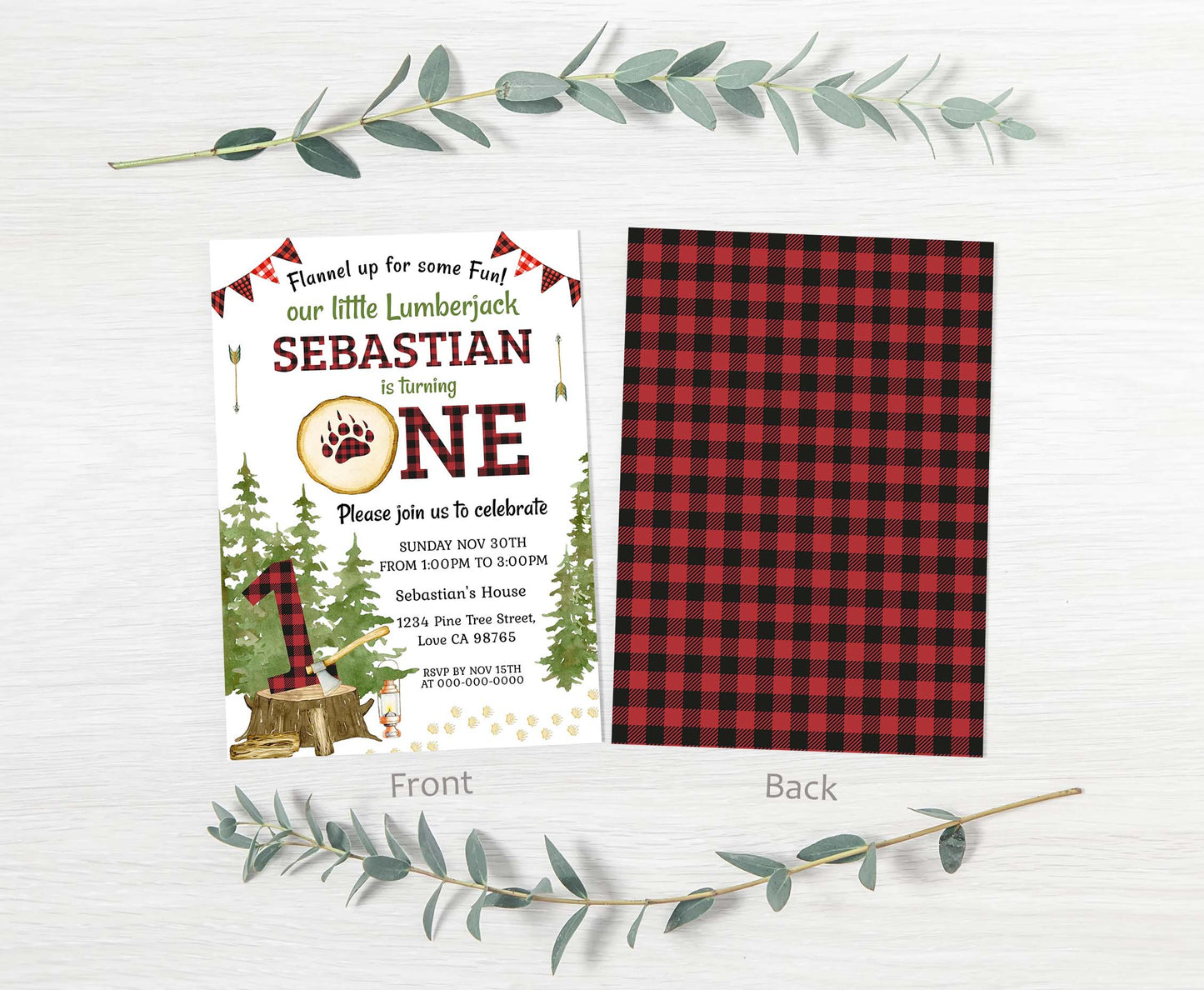 Lumberjack First Birthday Invitation | Editable Buffalo Plaid Invite - 19A