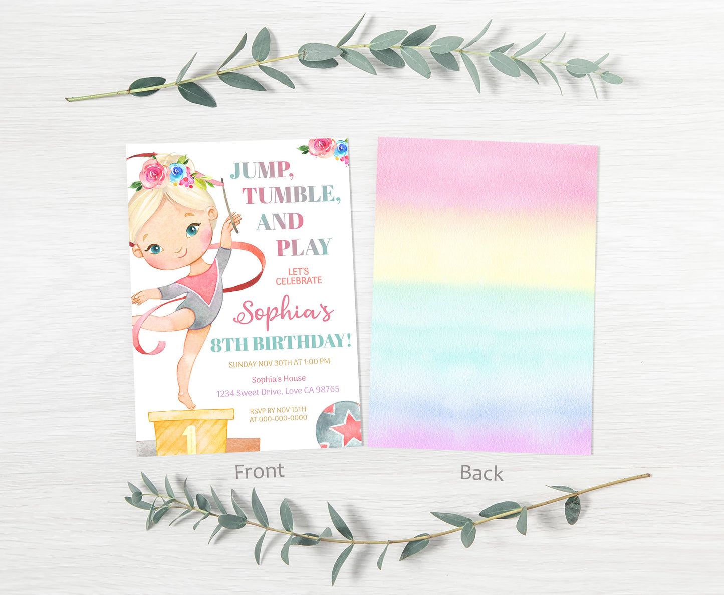 Floral Gymnastic Birthday Invitation Girl | Gymnastic Party Invite - 99A