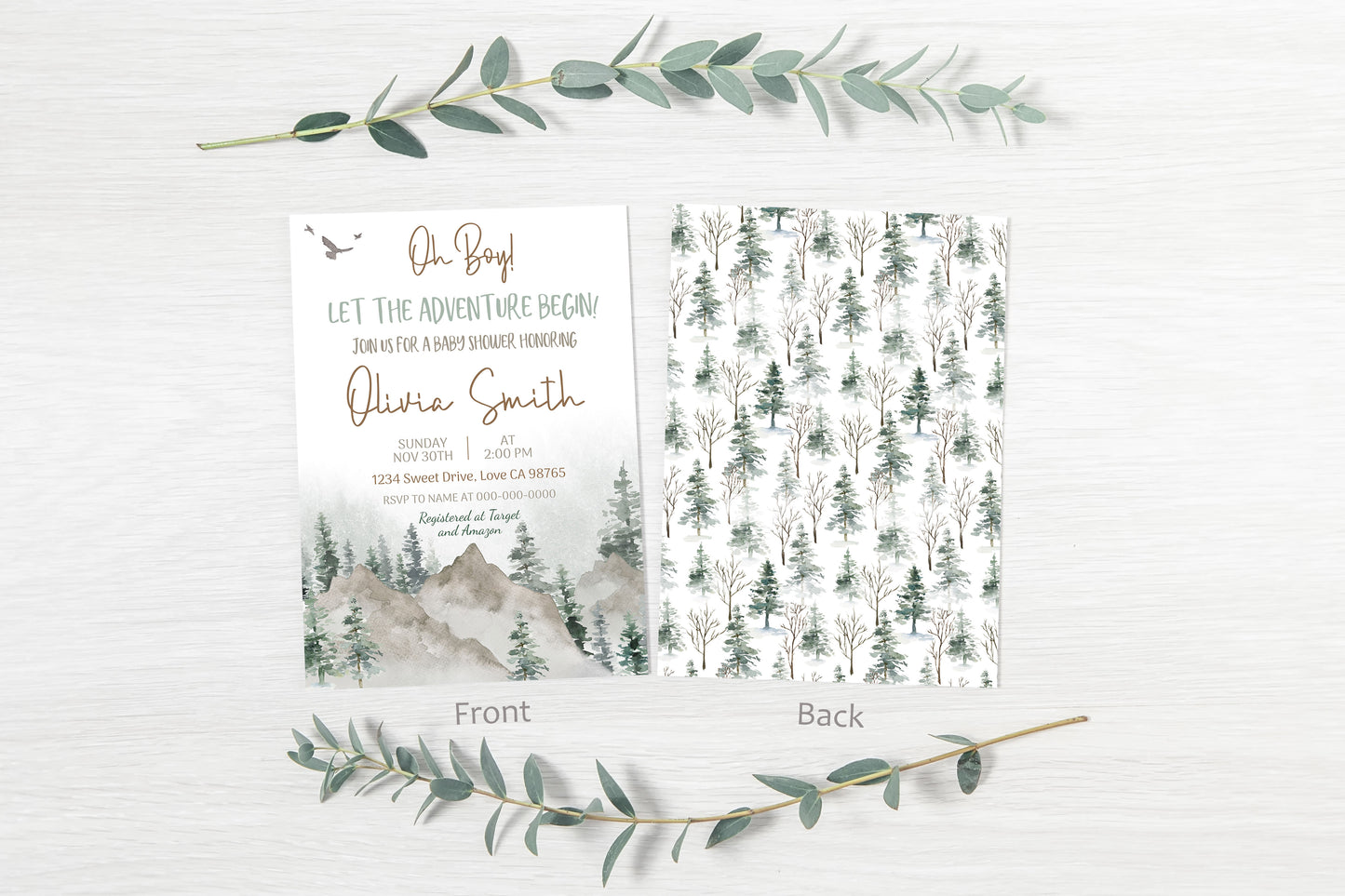 Let The Adventure Begin Invitation | Editable Mountains Baby Shower Invite - 47H