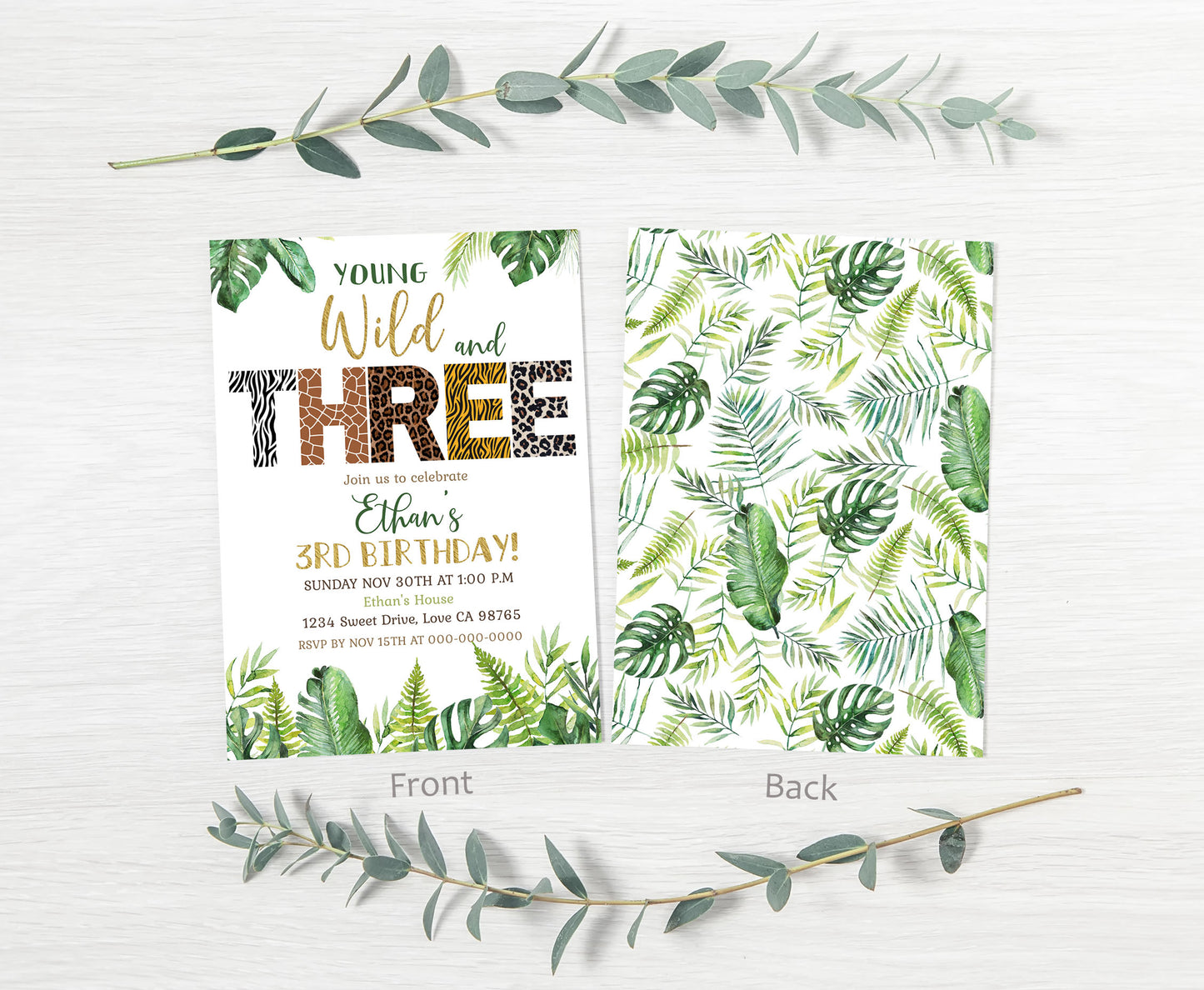 Young Wild And Three Animal Print Invitation | Editable Safari 3rd Birthday Invite - 35H