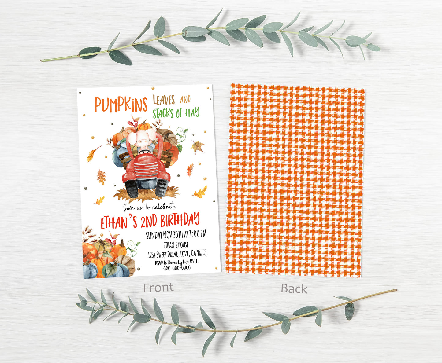 Pumpkins leaves and stacks of hay Invitation | Editable Pumpkin Truck Invite - 30L