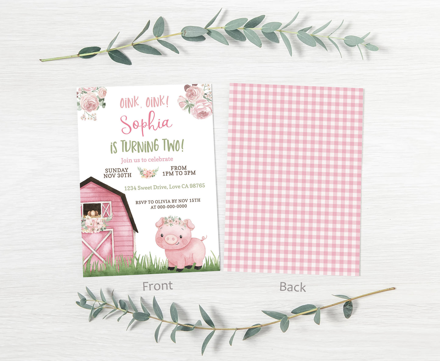 Pig Girl Birthday Invitation | Editable Floral Farm Party Invite - 11A