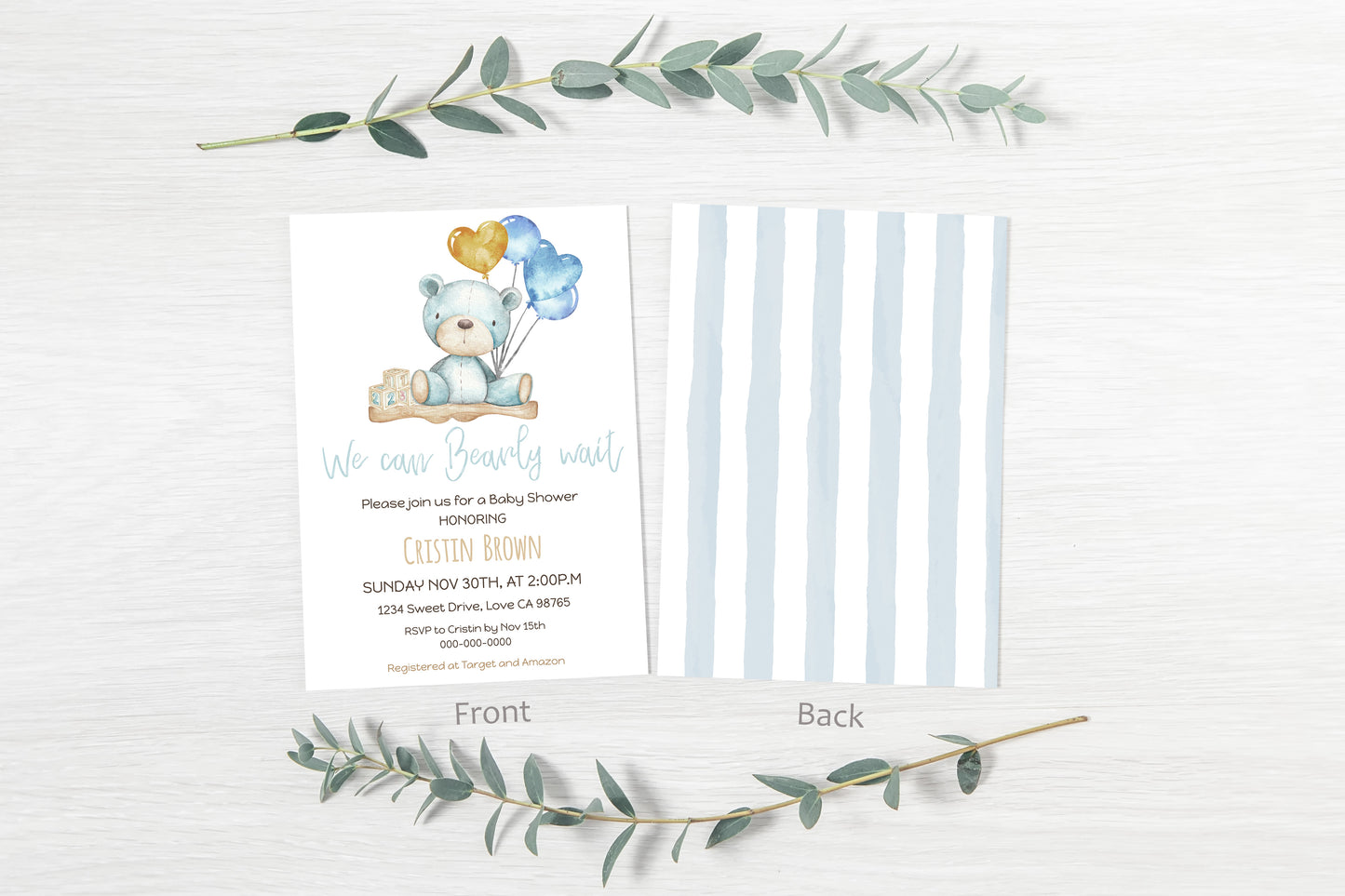 Teddy bear baby shower invitation blue | Editable boy baby shower invite - 76A