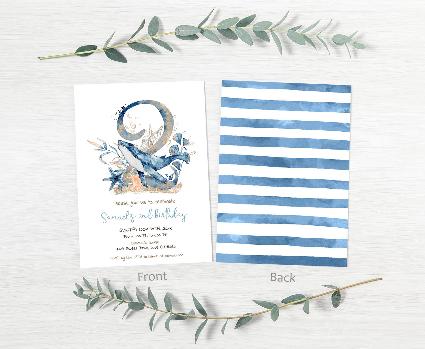 Whale second birthday Invitation | Editable Under the sea Invite - 44C