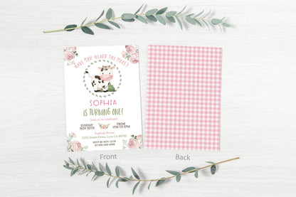 Girl Cow First Birthday Invitation | Editable Floral Farm Party Invite - 11A