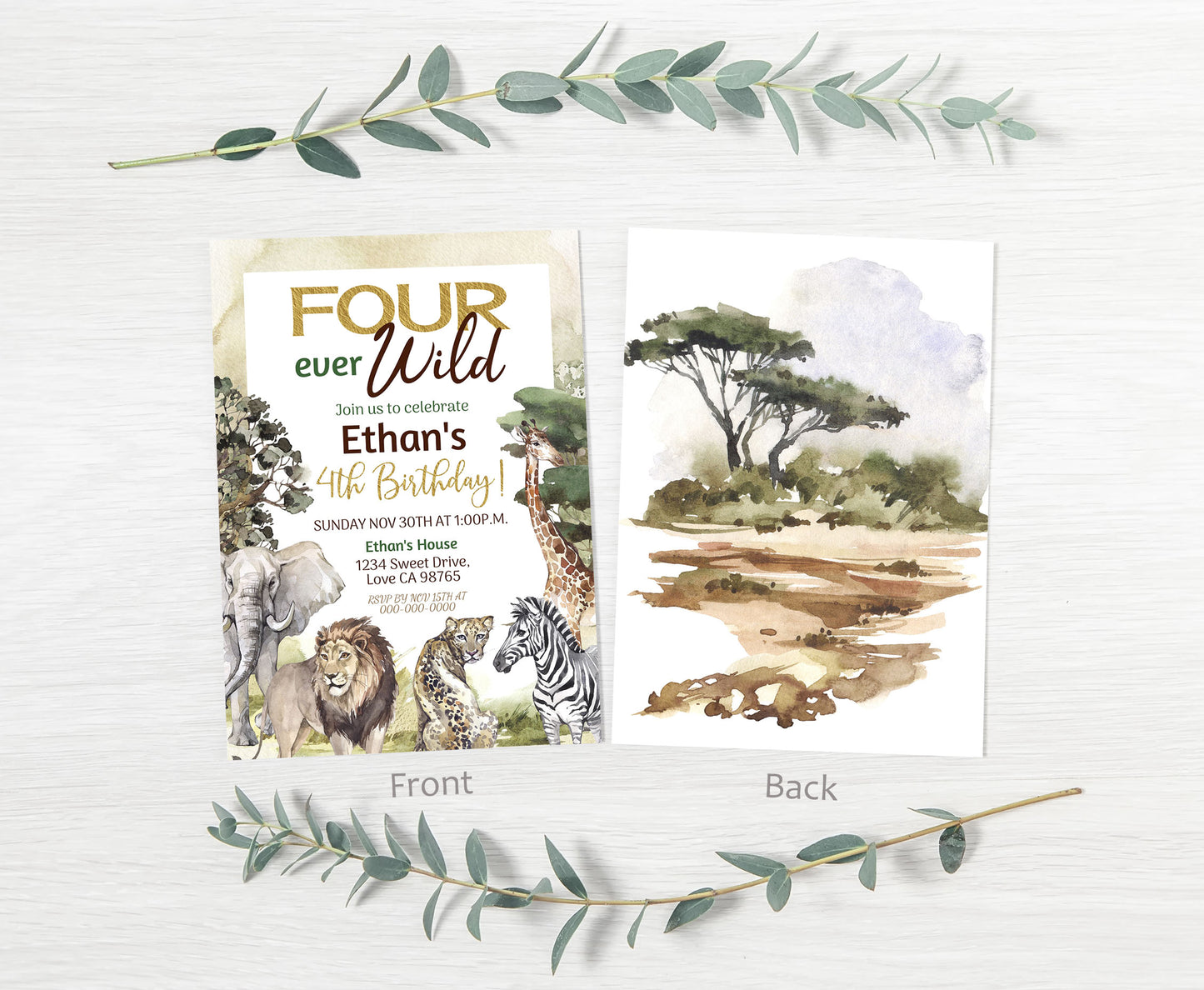 Four ever wild Birthday Invitation | Safari 4th birthday Party Invite - 35I