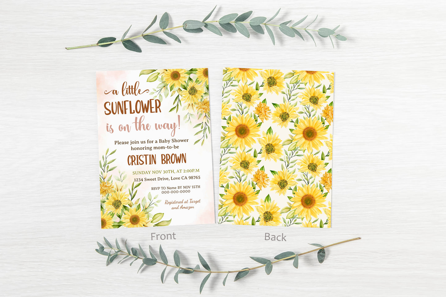 Sunflower Baby Shower Invitation | Girl Baby Shower Invite - 56A