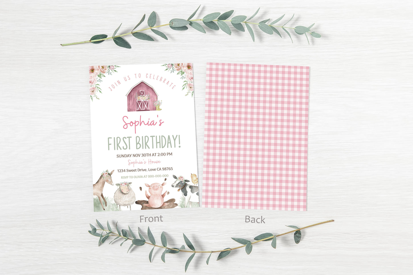 Pink Farm Animals Birthday Invitation | Girl Barnyard Party Invite - 11B