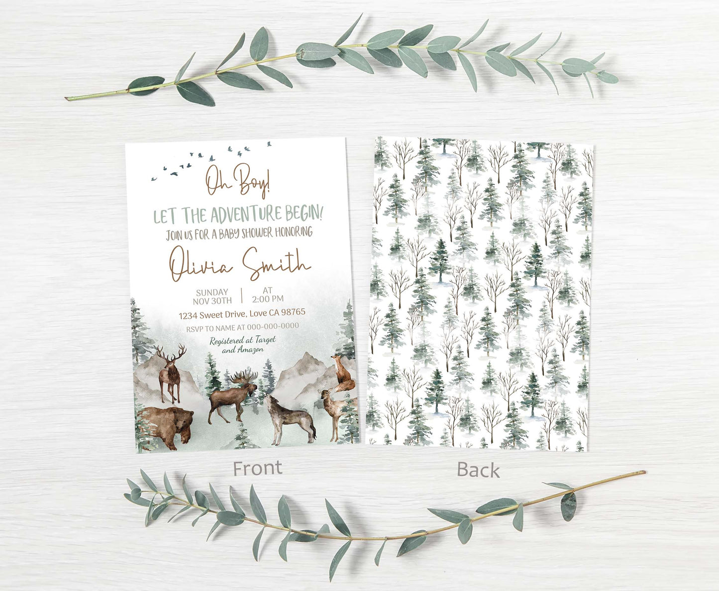 Let The Adventure Begin Invitation | Editable Woodland Animals Baby shower Invite - 47H