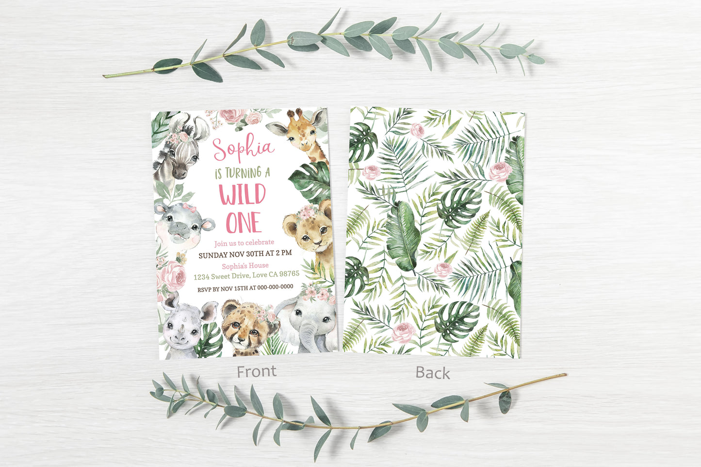 Floral Safari Animals Birthday Invitation | Editable Girl Jungle Party Invite - 35A