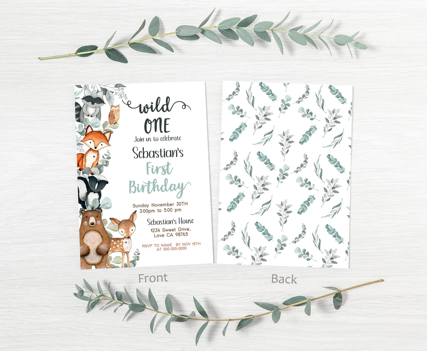 EuEucalyptus Woodland Birthday Invitation | Editable Greenery Woodland Birthday Party - 47J1