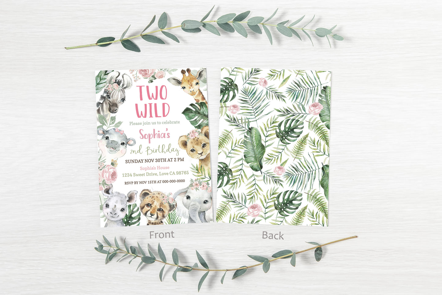 Two Wild Birthday Invitation Girl | Floral Safari 2nd Birthday Party Invite - 35A