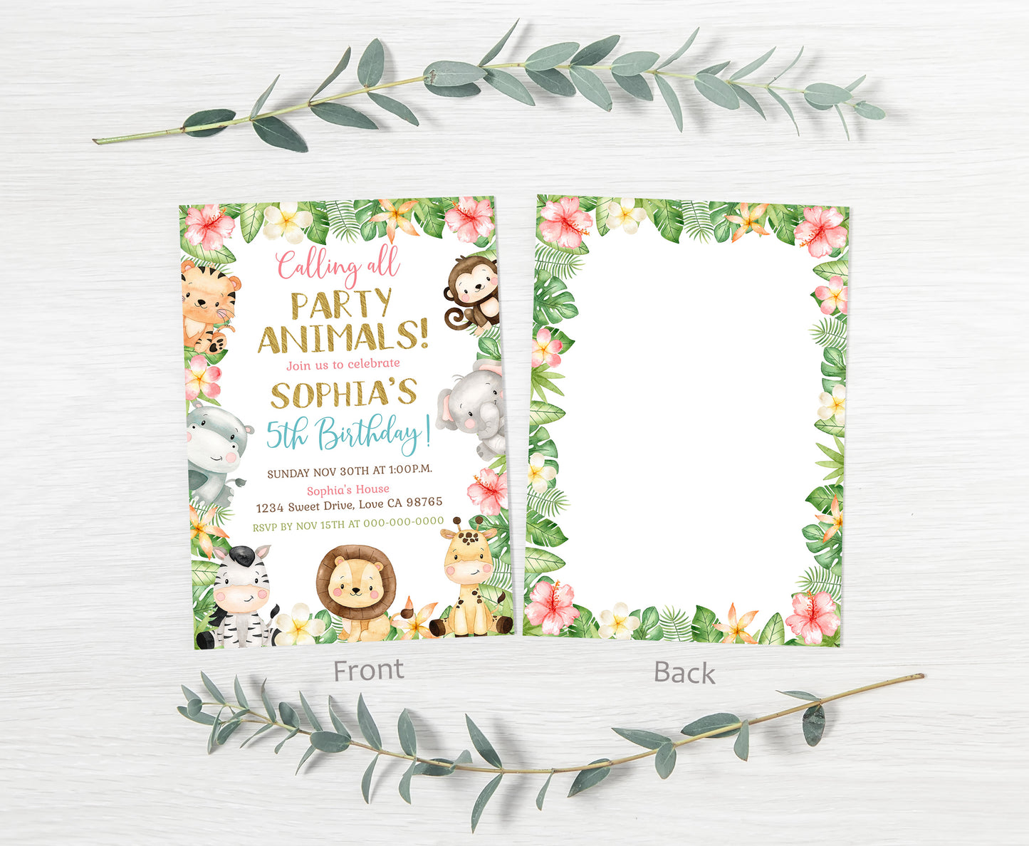 Calling all Party Animals, Girl Safari Party Animals Invitation | Editable Floral Jungle Birthday Invite - 35E