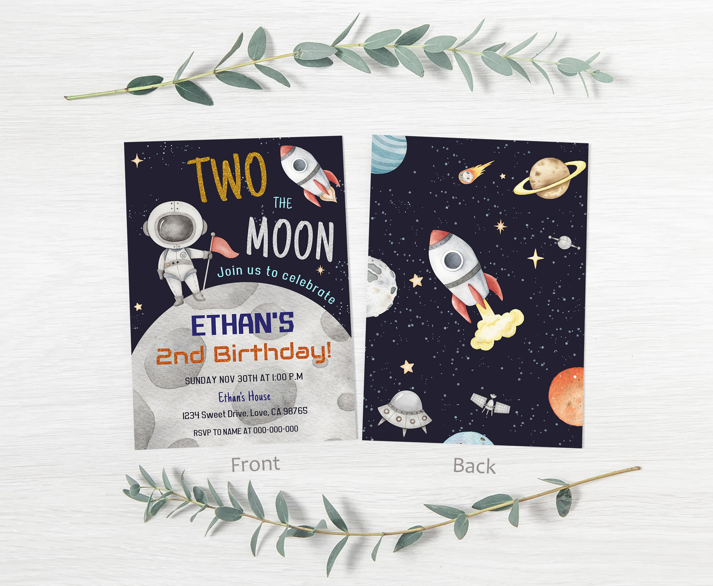 Two The Moon Party Invitation | Editable Space 2nd Birthday Invite - 39C