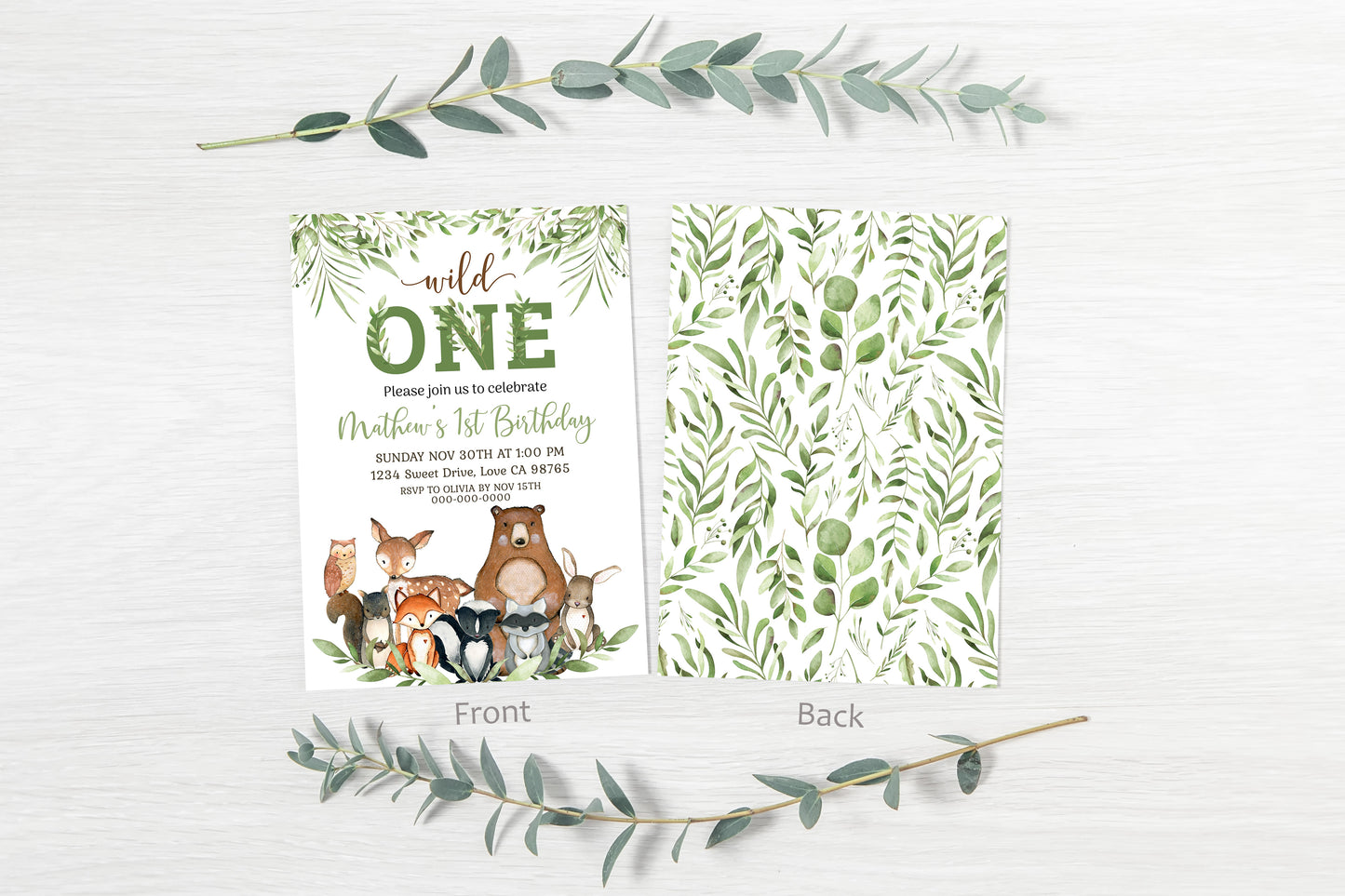 Wild One Birthday Invitation | Editable Woodland First Birthday Party Invite - 47J0