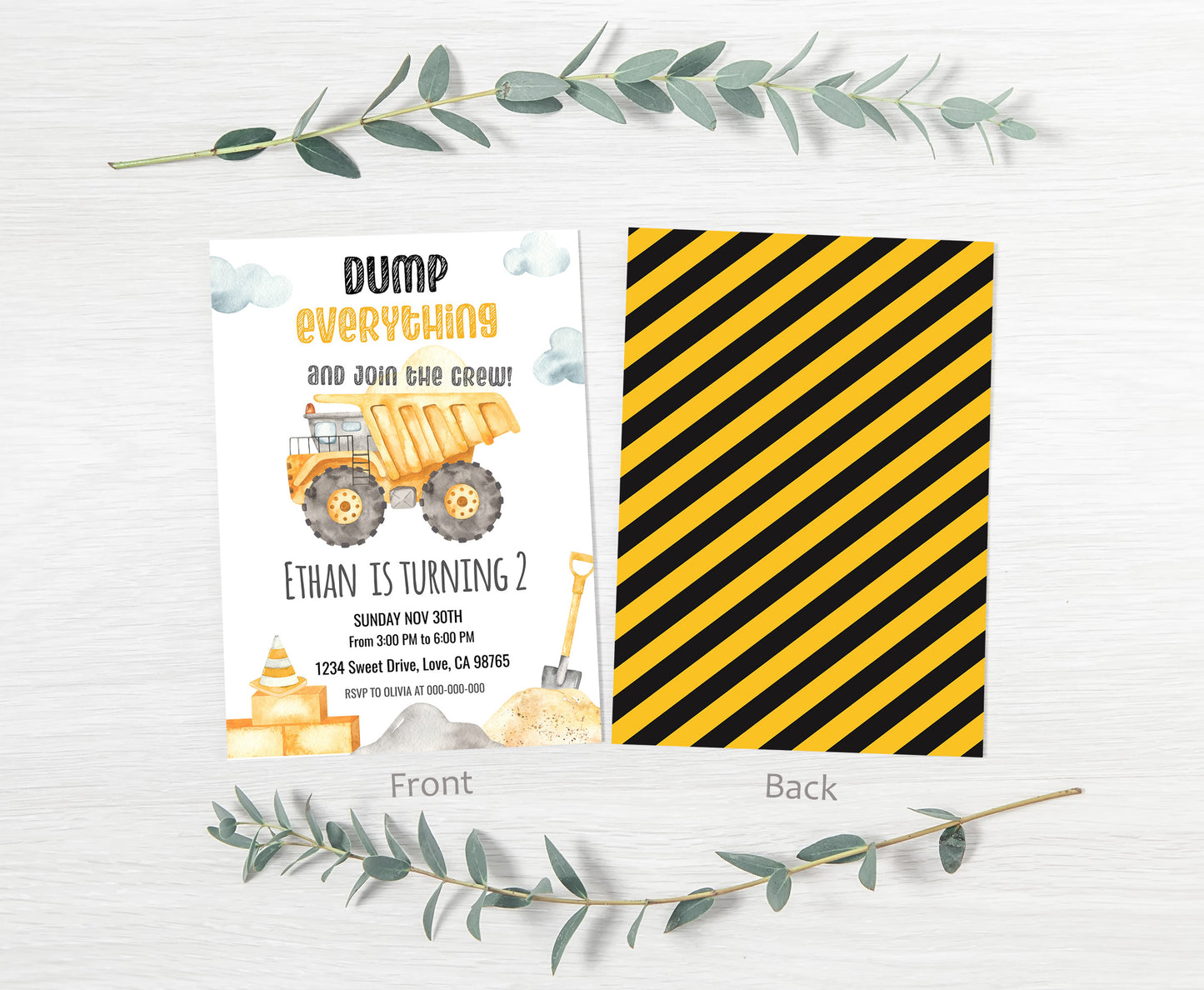 Dump Truck Birthday Invitation | Editable Construction Party Invite - 07A