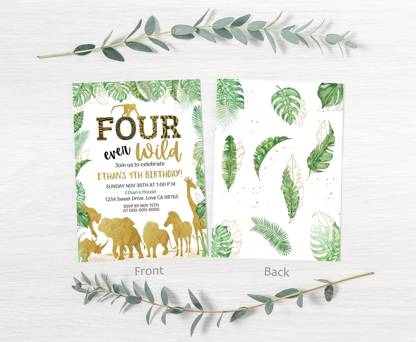 Four Ever Wild Birthday Invitation | Editable safari 4th Birthday Invite - 35K