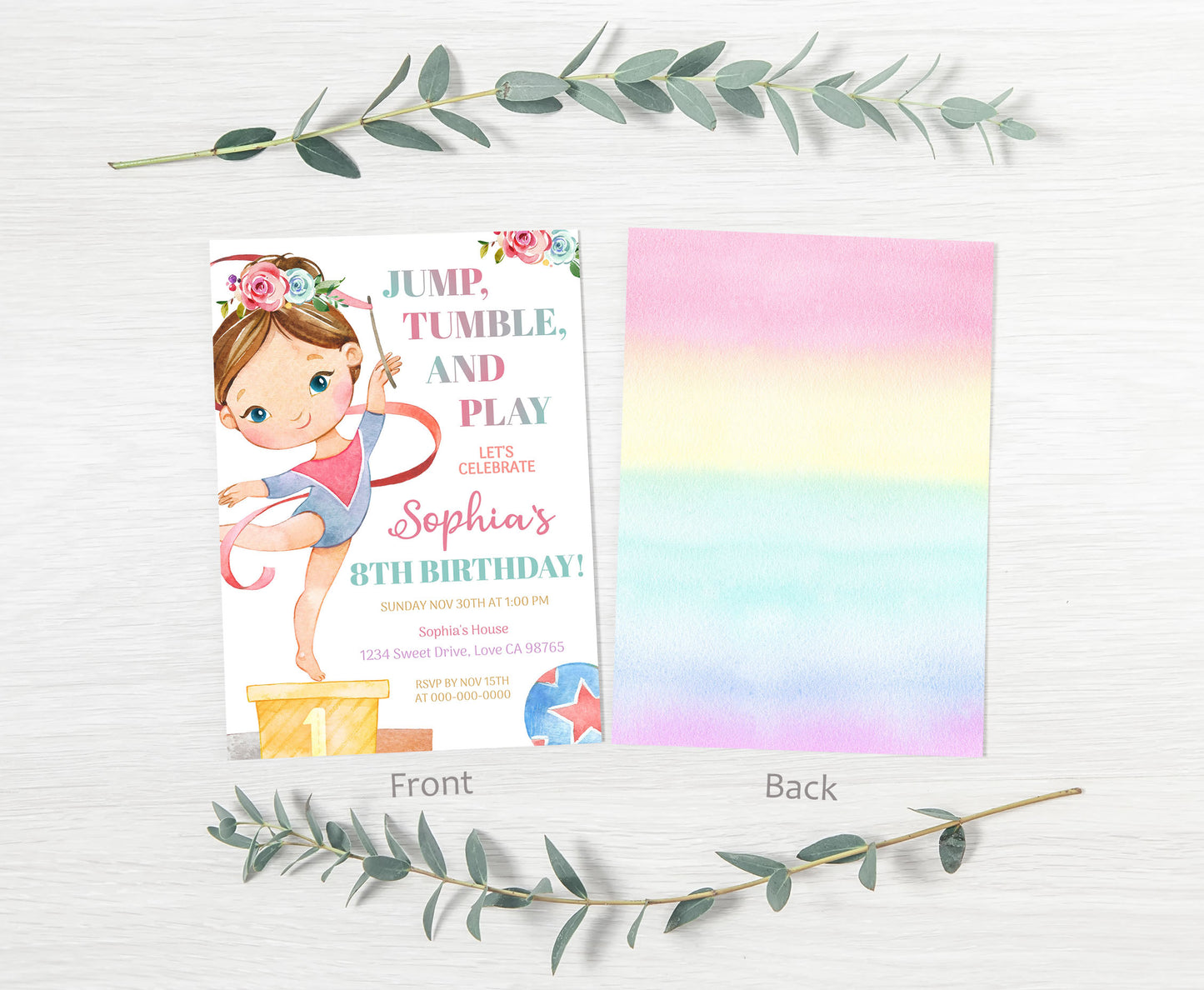 Editable Gymnastic Birthday Invitation Girl | Floral Gymnastic Party Invite - 99A