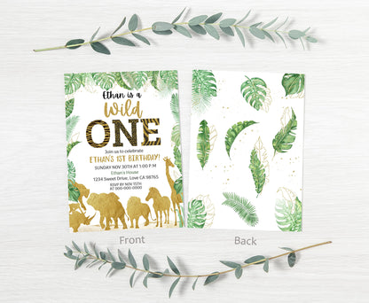Gold Safari Animals 1st Birthday Invitation | Editable Wild One Birthday Invite - 35K