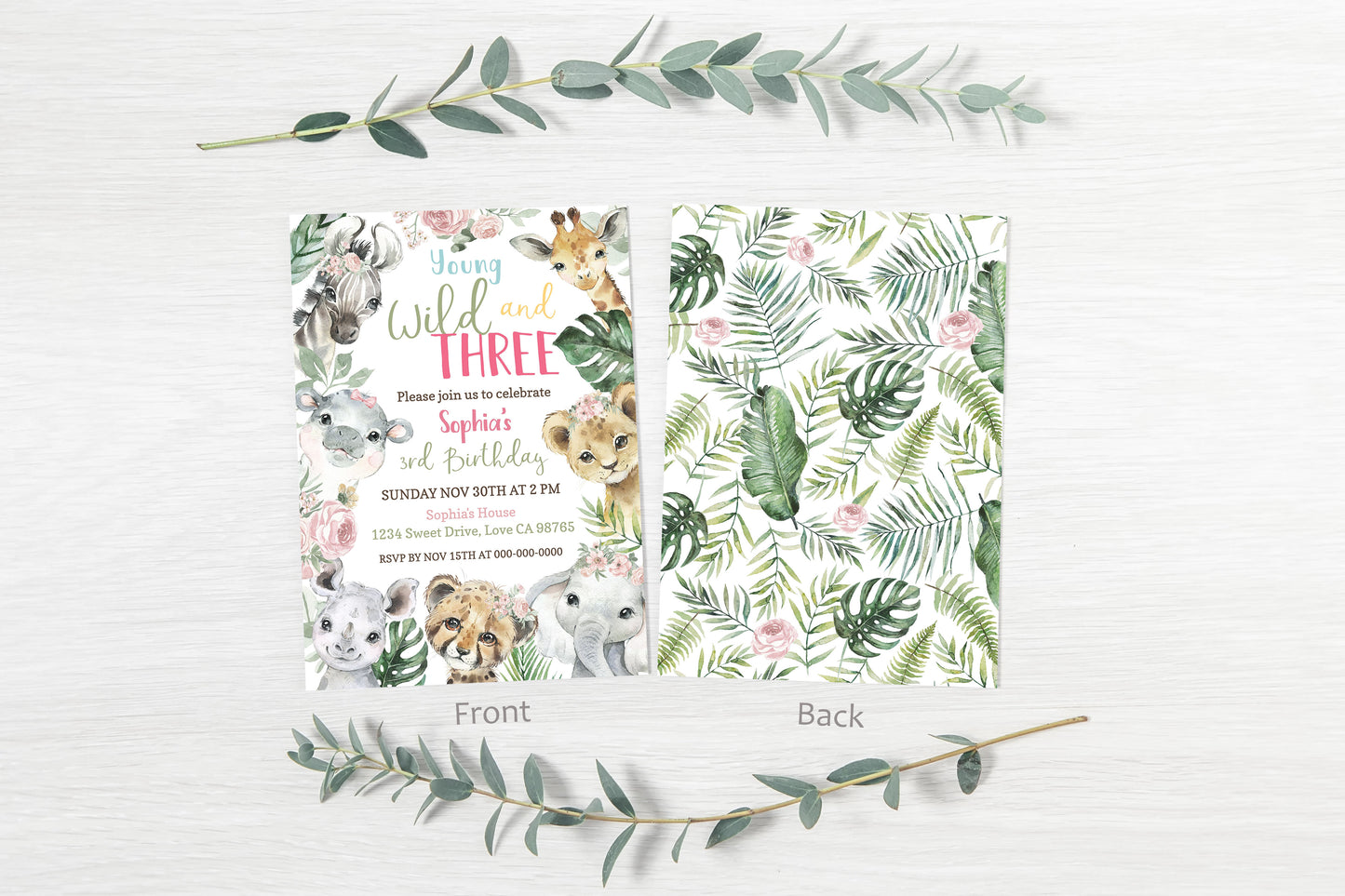 Young Wild and Three Invitation Girl | Floral Safari 3rd Birthday Party Invite - 35A