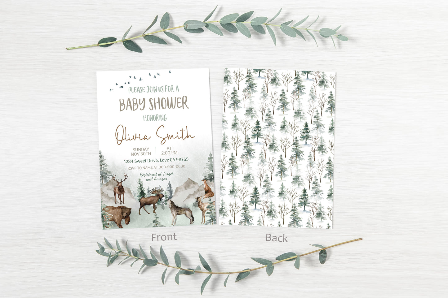 Woodland Baby Shower Invitation | Editable Forest Animals Baby Invite - 47H