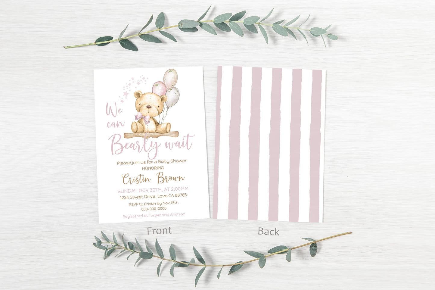 Pink Teddy Bear baby shower invitation | Editable Girl Baby Shower Invite - 76A