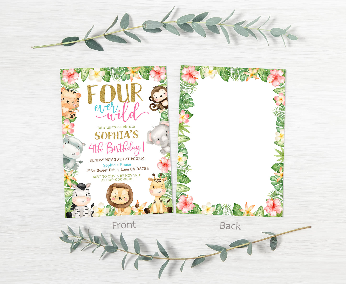 Four ever wild Birthday Invitation | Editable Girl Safari Party Invite - 35E